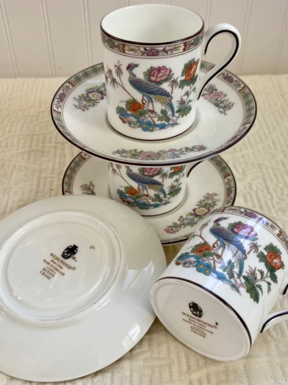 Wedgwood Bone China Coffee Cups. English Kutani Crane Espresso Set of 3. New.